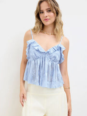 V-neck Floral Stitch Ruffle Hem Cami Top
