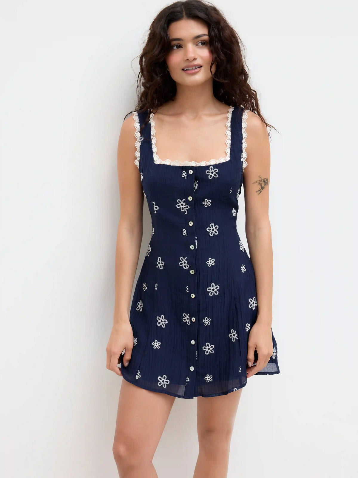 Square Neck Floral Lace Trim Mini Dress