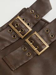 Faux Leather Mid Rise Belted A-line Mini Skort
