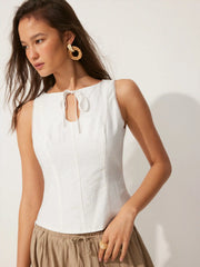 Linen-blend Boat Neck Knotted Sleeveless Blouse