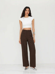 Mid Rise Pleated Straight Leg Trousers