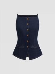Stretch Denim Boat Neck Button Split Cami Top
