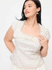 Cotton-blend Floral Square Neck Lace Trim Bowknot Blouse Curve & Plus