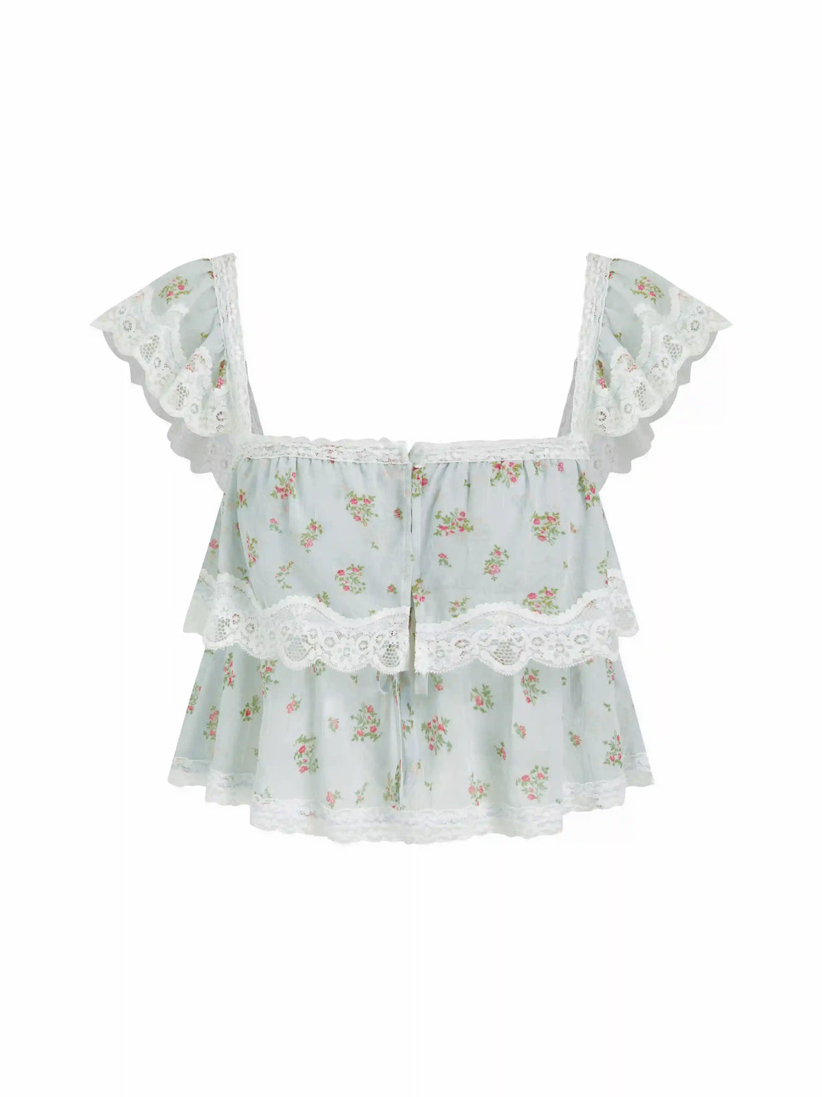 Floral Lace Square Neck Ruffle Sleeve Oversized Crop Top