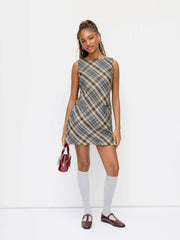 Plaid Boat Neck Mini Shift Dress
