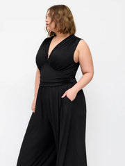 V-neck Lace Trim Ruched Wide Leg Jumpsuit Curve & Plus