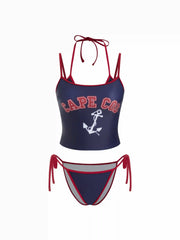 Cape Cod Graphic Halter Neckline Low Rise Contrast Binding 3-Piece Bikini Set