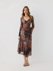 Mesh V-neck Floral Asymmetrical Hem Twist Maxi Dress