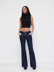 Denim High Stretch Low Rise Bootcut Jeans With Belt