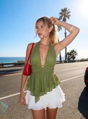 Chiffon Halter Neckline Ruffled Asymmetrical Hem Ruched Top