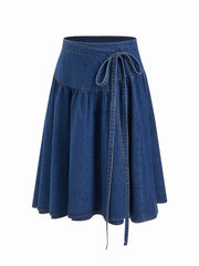 Denim Mid Rise Wrap Tie Side Midi Skirt Curve & Plus