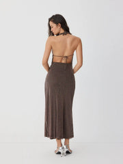 Metallic Cowl Neck High Rise Straight Maxi Dress