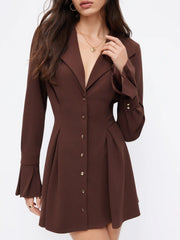 Collar V-neck Bell Sleeve Metal Button Ruffle Mini Dress