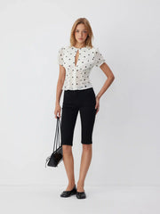 Chiffon Polka Dot Puff Sleeve Cut Out Ruched Blouse