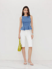 Stretch Denim Round Neckline Pleated Top