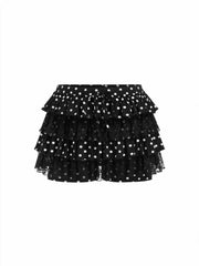 Chiffon Mid Rise Polka Dot Tiered Lace Panel Mini Skort Curve & Plus