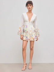 V-neck Floral Knotted Ruffle Mini Dress