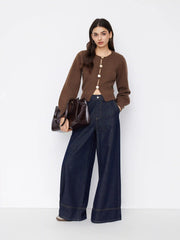 Knit Round Neckline Lantern Long Sleeve Metal Button Sweater