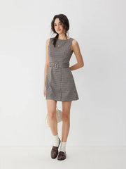 Jacquard Gingham Boat Neck A-line Mini Dress With Belt