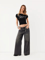 Chain Graphic Asymmetrical Neck Cropped Tee