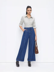 Stretch Denim Mid Rise Button Wide Leg Jeans