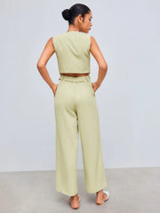 Woven V-neck Solid Pocket Cut Out Vest Jumpsuit