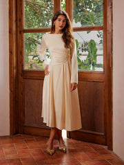 Satin Boat Neck Metal Detail Ruched Knotted Ruffle Midi Dress