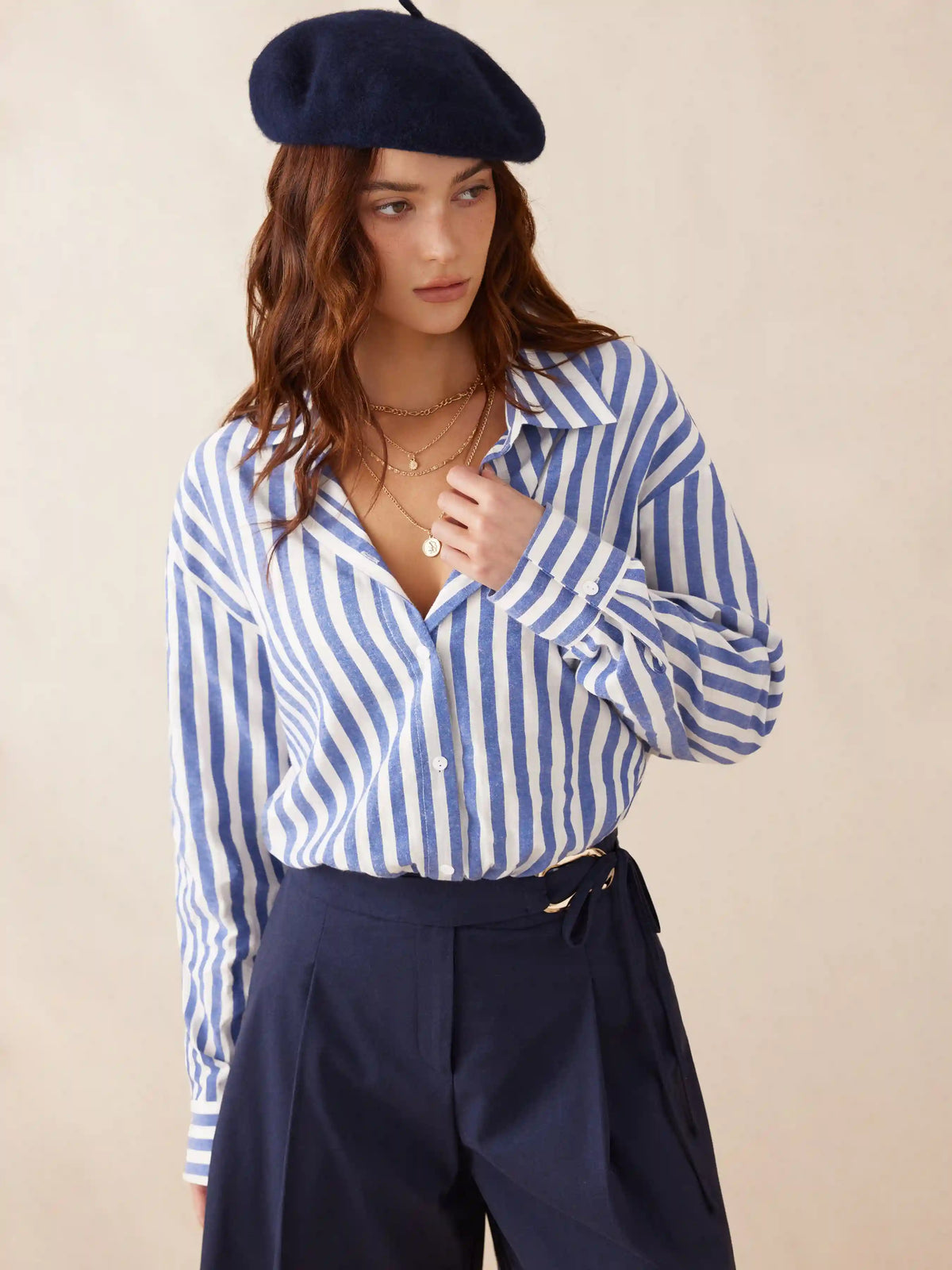 Linen-blend Long Sleeve Striped Color-Blocking Shirt Bodysuit