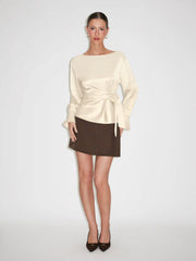 Satin Boat Neck Twist Knotted Blouse