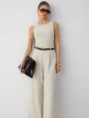 Textured Boat Neck Mid Rise Straight Leg Jumpsuit With Belt