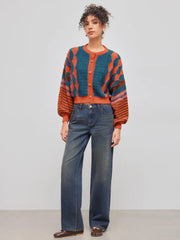 Knit Round Neckline Striped Geometric Cardigan
