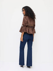 Round Neckline Lace Lettuce Trim Tie Front Blouse