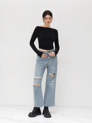 Petite High Waist Ripped Straight Leg Jeans