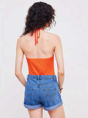 Halter Solid Backless Beaded Bodysuit