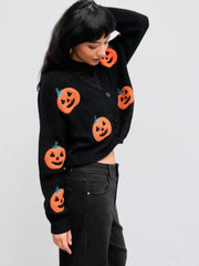 Knitted V-neck Pumpkin Button Cardigan