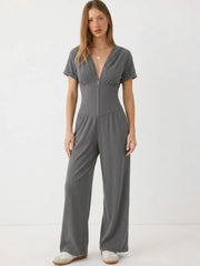 Ribbed V-neck Wrap Front Wide Leg Jumpsuit