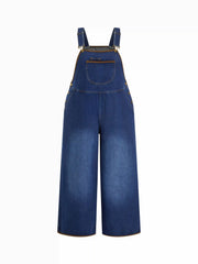 Denim Contrasting Binding Buckle Up Wide Leg Overall Curve & Plus