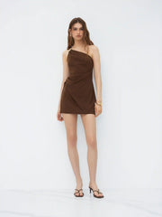 Asymmetrical Neck Metal Detail Draped Mini Dress