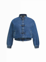 Denim Mandarin Collar Elastic Waist Oversized Jacket Curve & Plus