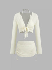 V-neck Knotted Triangle Cheeky Bikini Set With Texture Cover Up Set