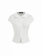 Cotton-blend Collar Lace Trim Button Front Tee