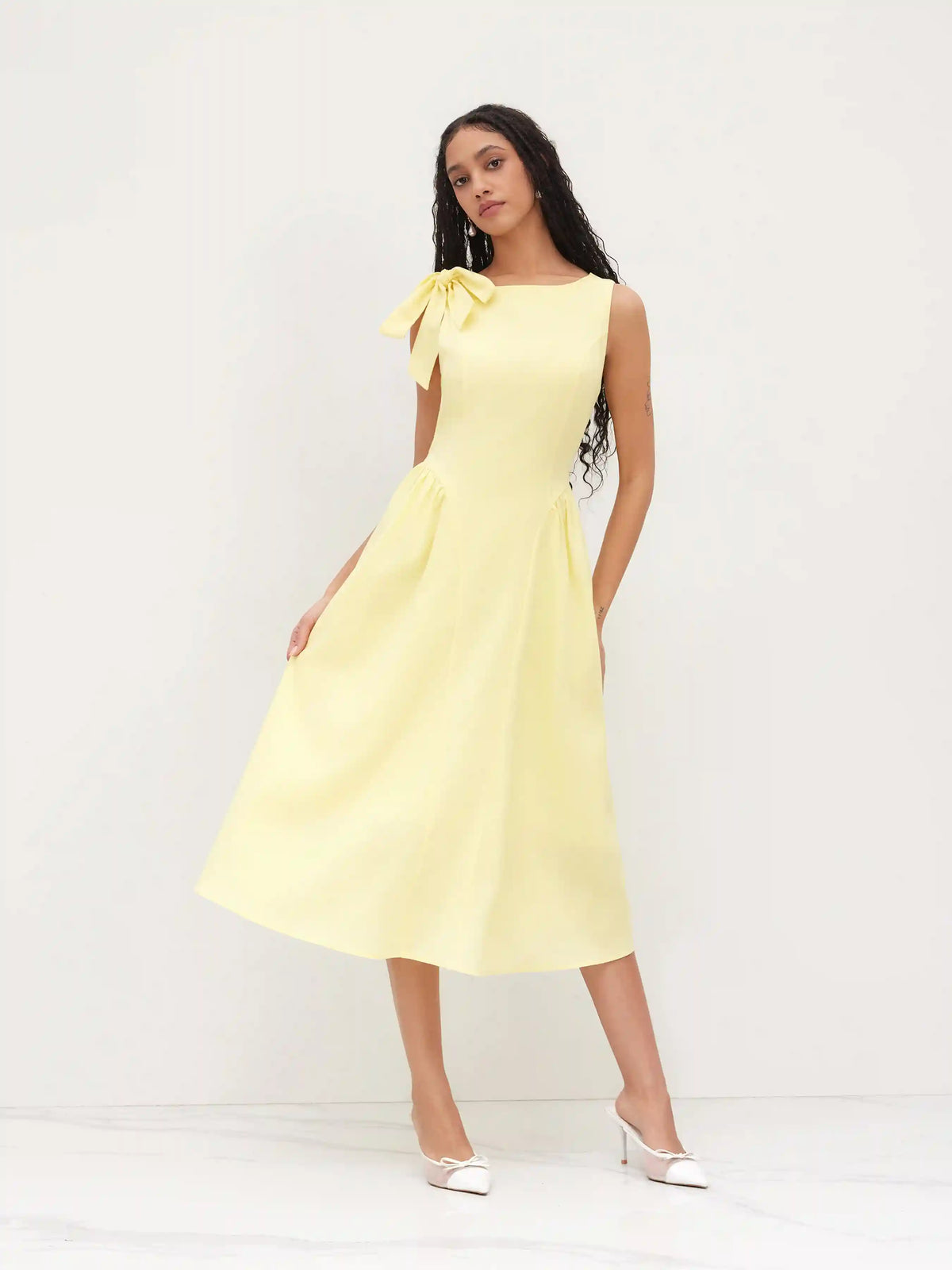 Linen-blend Boat Neck Bowknot Ruffle Midi Dress