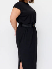 Round Neckline Split Straight Maxi Dress With Belt Curve & Plus