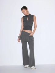 Cotton-blend Low Rise Pleated Flared Trousers