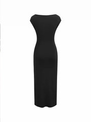 Boat Neck Metal Detail Ruched Maxi Dress