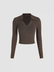 Solid Collar Long Sleeve Crop Top