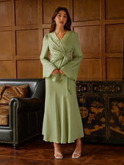 Satin V-neck Asymmetrical Hem Tie Waist Top & Mid Rise Mermaid Maxi Skirt Set