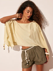 Linen-blend Asymmetrical Neck Drawstring Cloak Sleeve Oversized Blouse