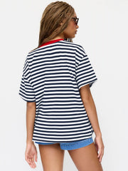 Cotton-blend Striped Contrasting Binding Fish Graphic Embroidery Oversized Tee
