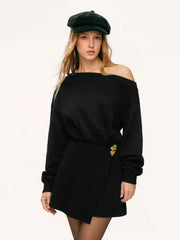 Cotton-blend Asymmetrical Neck Metal Detail Sweatshirt Mini Dress